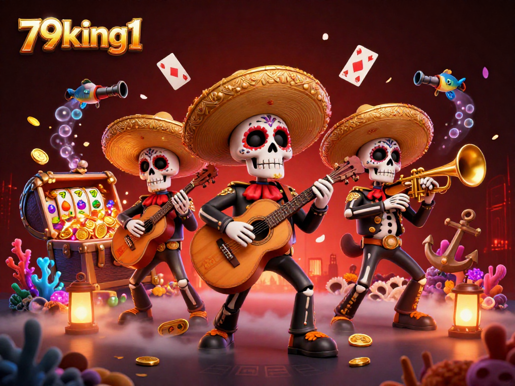 Experience the vibrant world of 79king1 with a lively mariachi celebration among joyful casino symbols.