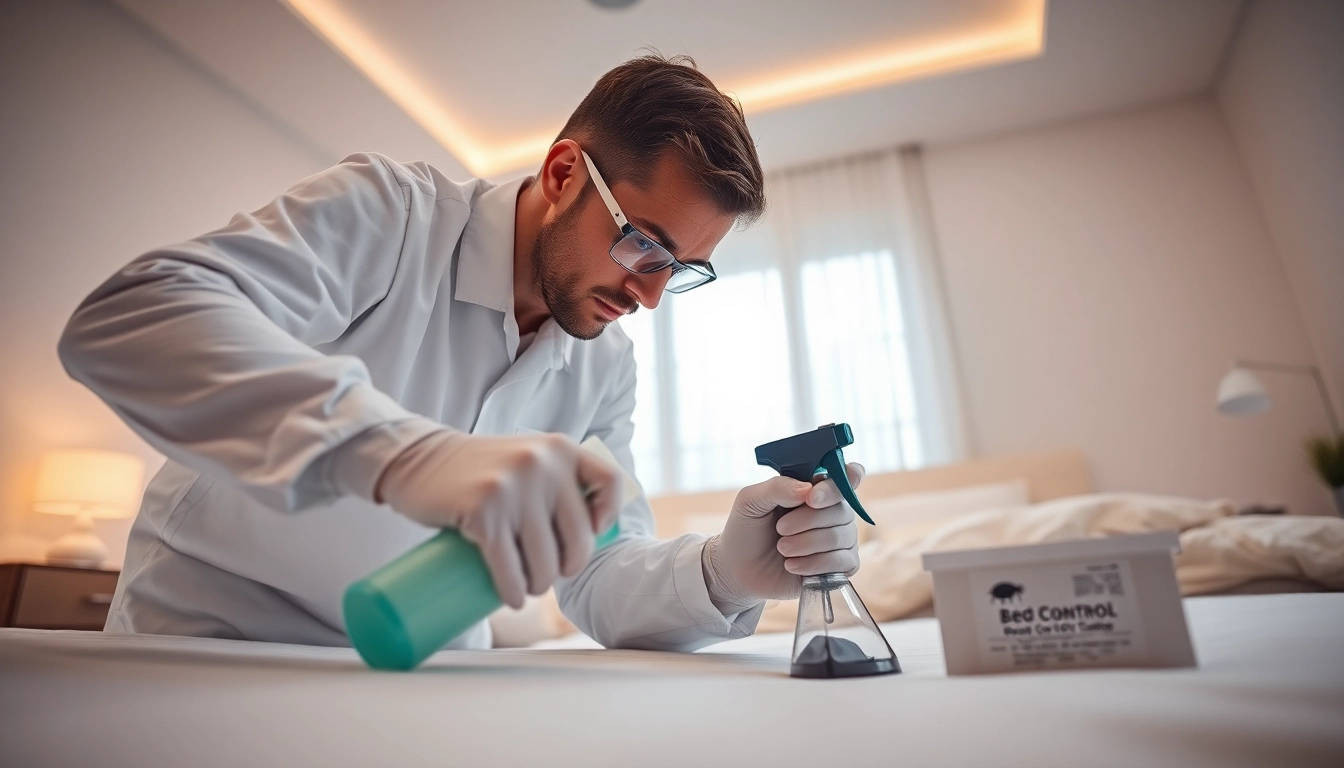 Technician executing bed bug removal procedures in a clean bedroom environment.