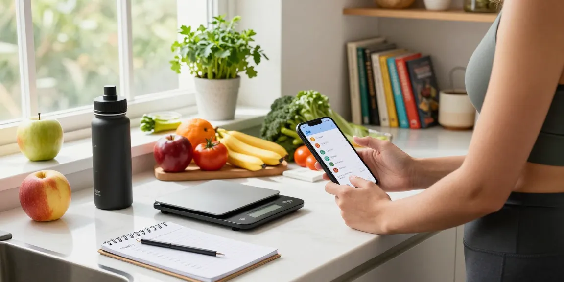 Healthy meal preparation with the best AI calorie tracker app in a bright kitchen.