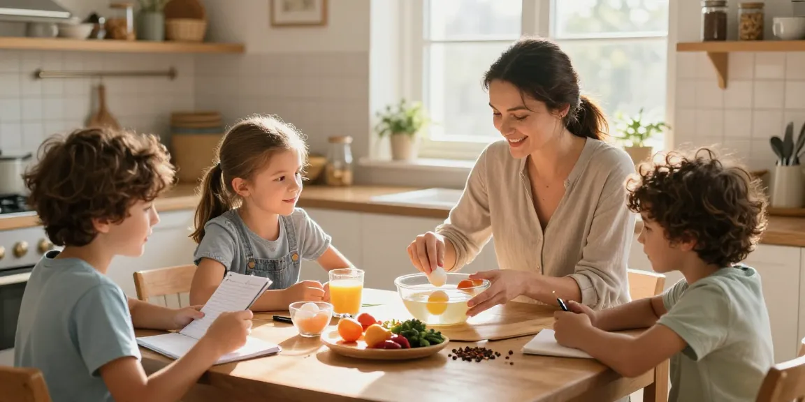 Menampilkan keluarga yang belajar melakukan Uji Apung Telur di https://www.eggfloattest.com/contact dengan kegembiraan di dapur.