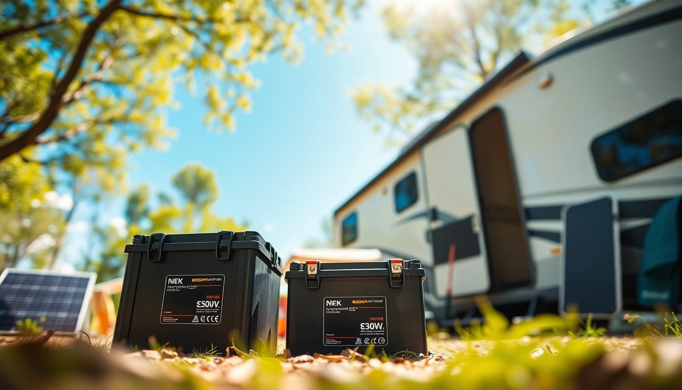 Showcase of lithium RV batteries emphasizing reliable power source for campers and RV enthusiasts.