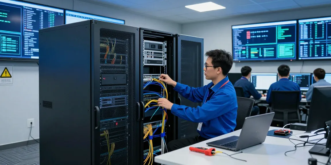 Optimized servidores dedicados in a modern data center with IT engineer configuring high-performance servers.