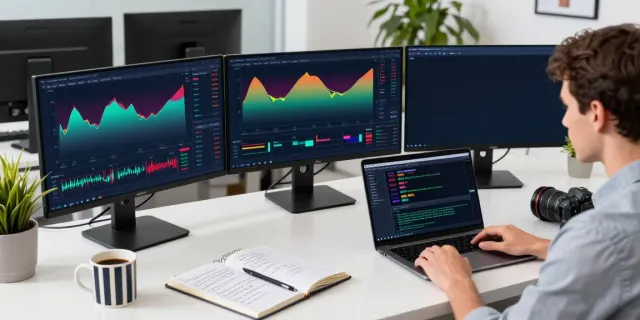 Trader analyzing real-time TradingView charts in a modern office environment, with multiple screens and coding tools.