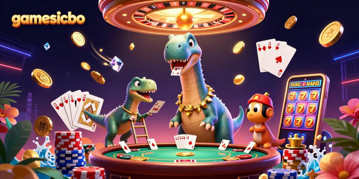 Experience epic gamesicbo action with a colossal brontosaurus at a dazzling casino scene.