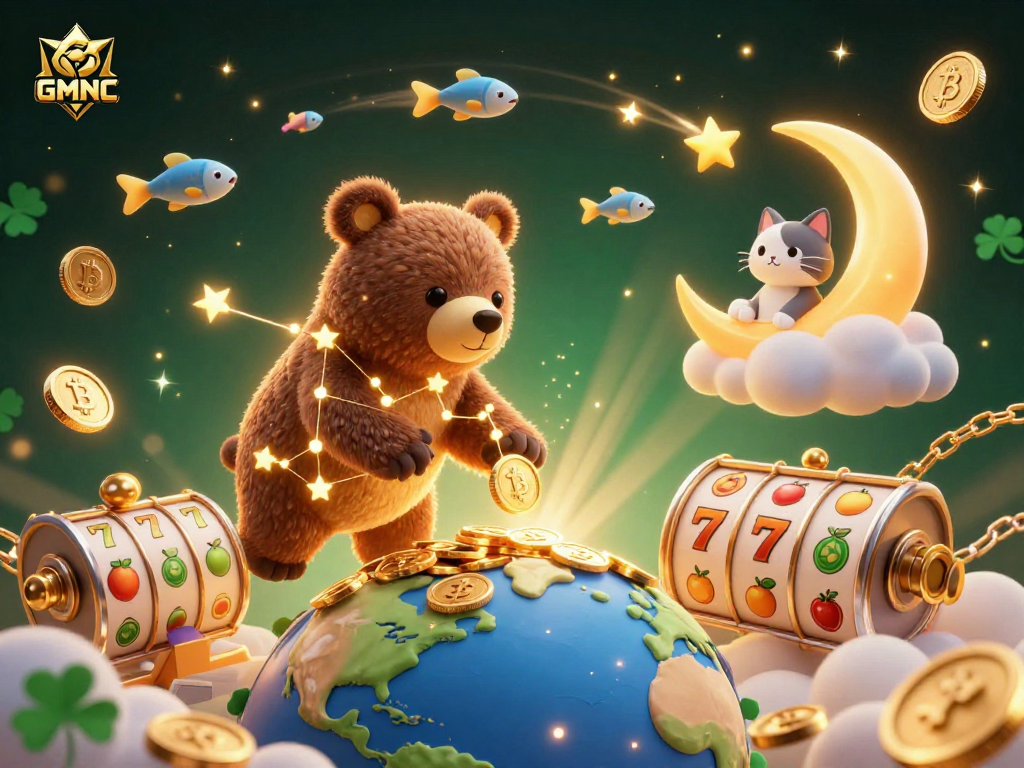 Experience the vibrant world of GMNC with a dynamic 3D casino illustration featuring a constellation bear and crypto elements.