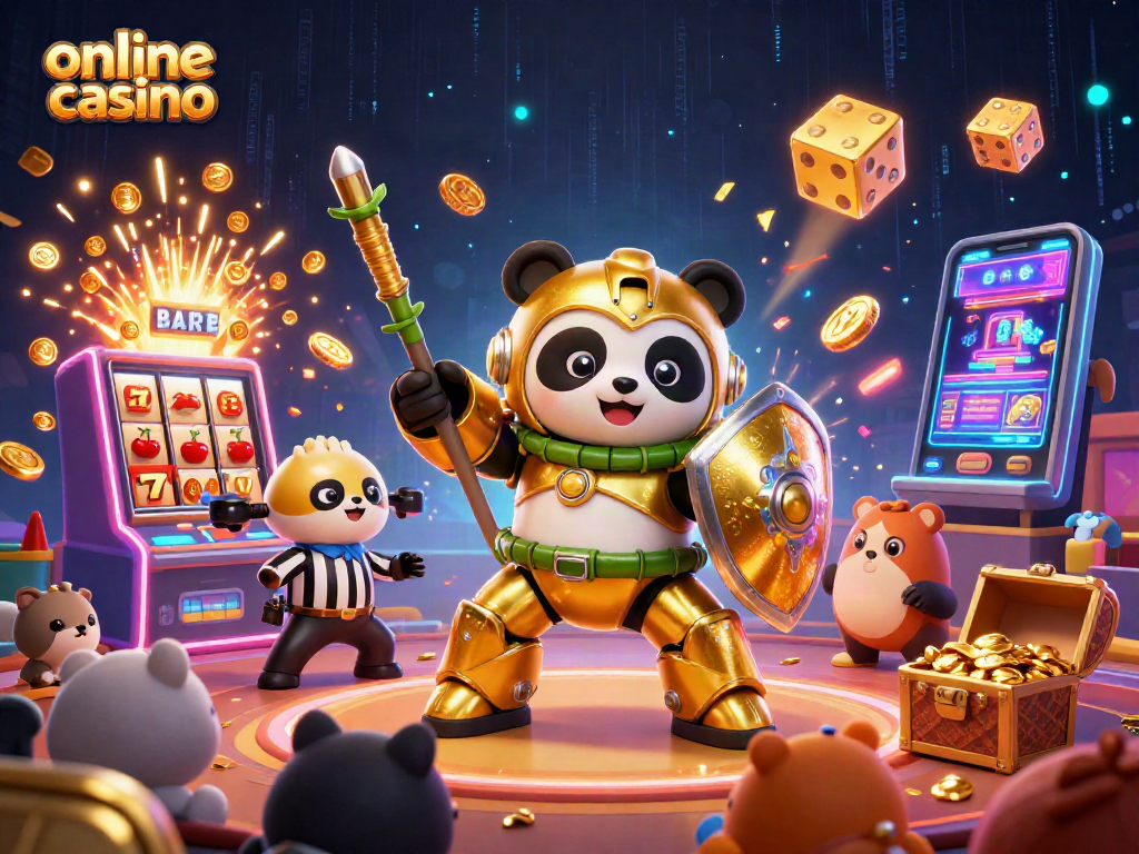 Engage in dynamic online casino adventures with vibrant 3D illustration showcasing a golden panda in a mech-suit.