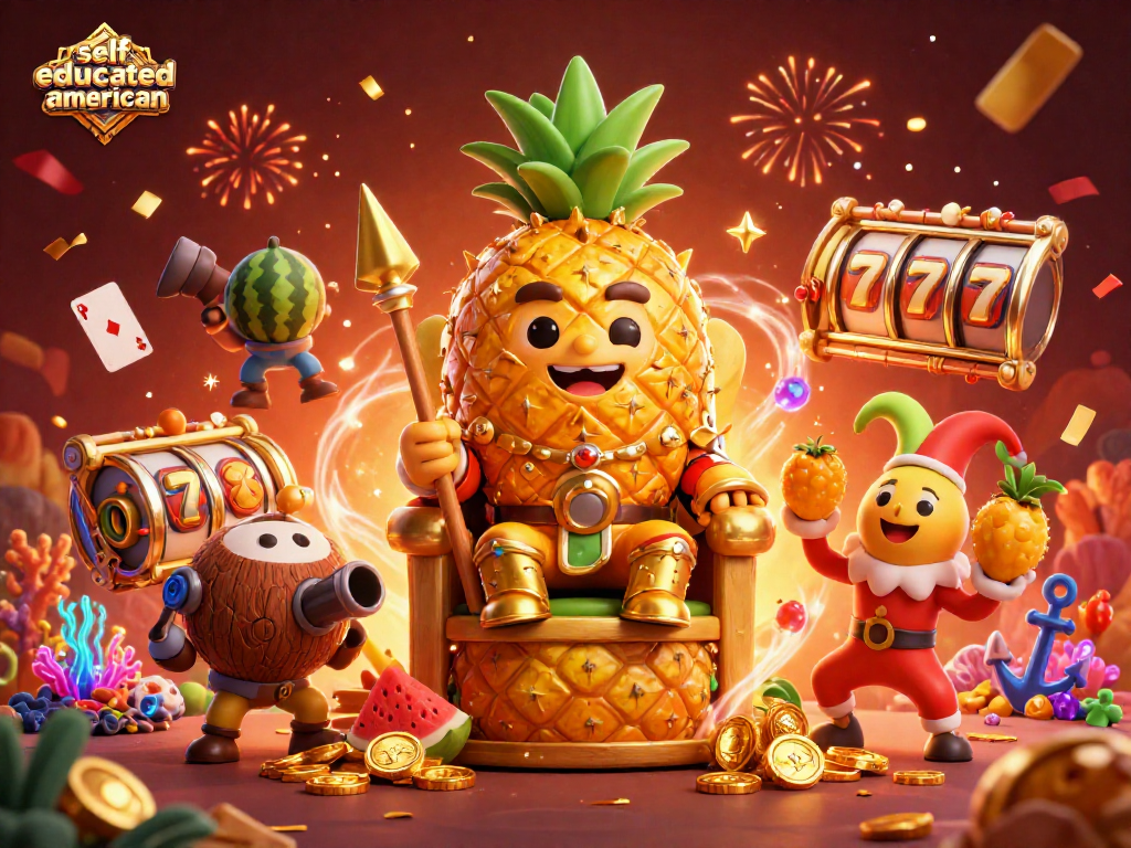 Engage with the action at selfeducatedamerican's lively casino scene with golden pineapple king and vibrant slot reels.