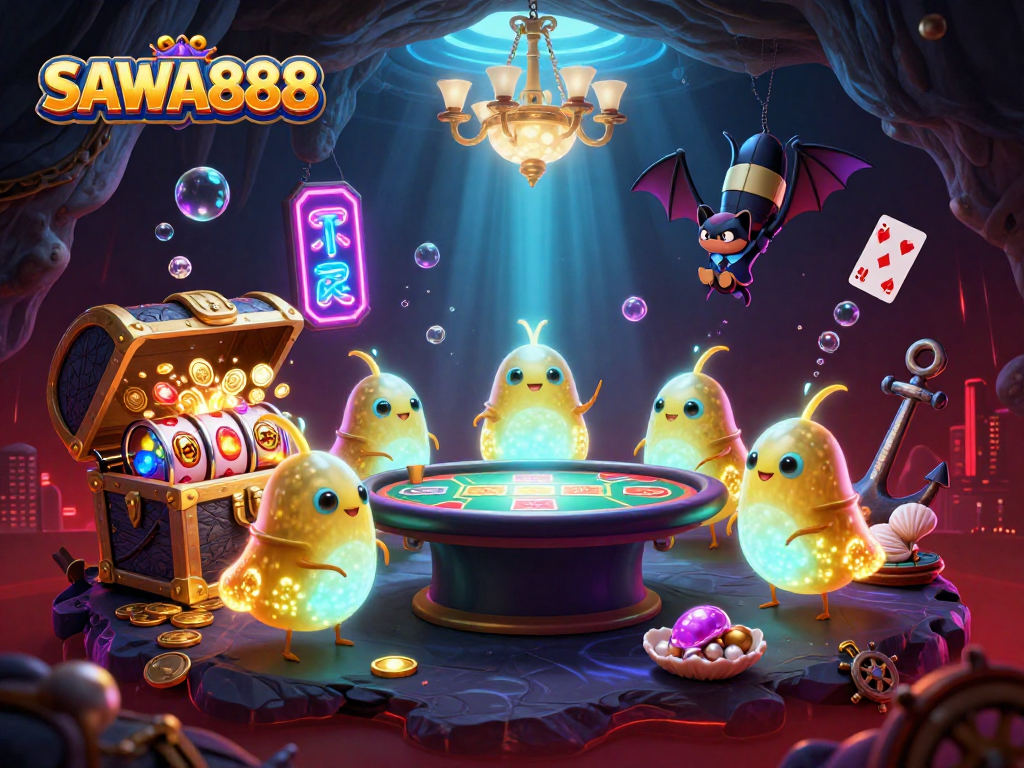Experience the vibrant world of SAWA888, featuring animated glowworms lighting up a casino scene.