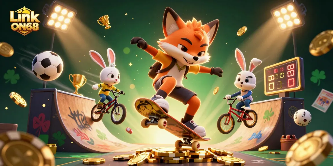 Experience the excitement with Link ON68 featuring a skateboarder fox and BMX rabbit in a lively casino scene.