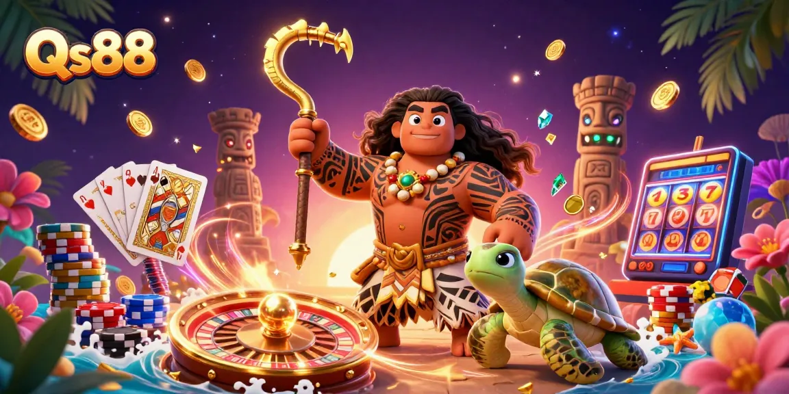 Experience the excitement of Qs88 as you spin rich 3D casino elements with dynamic characters in a vibrant scene.