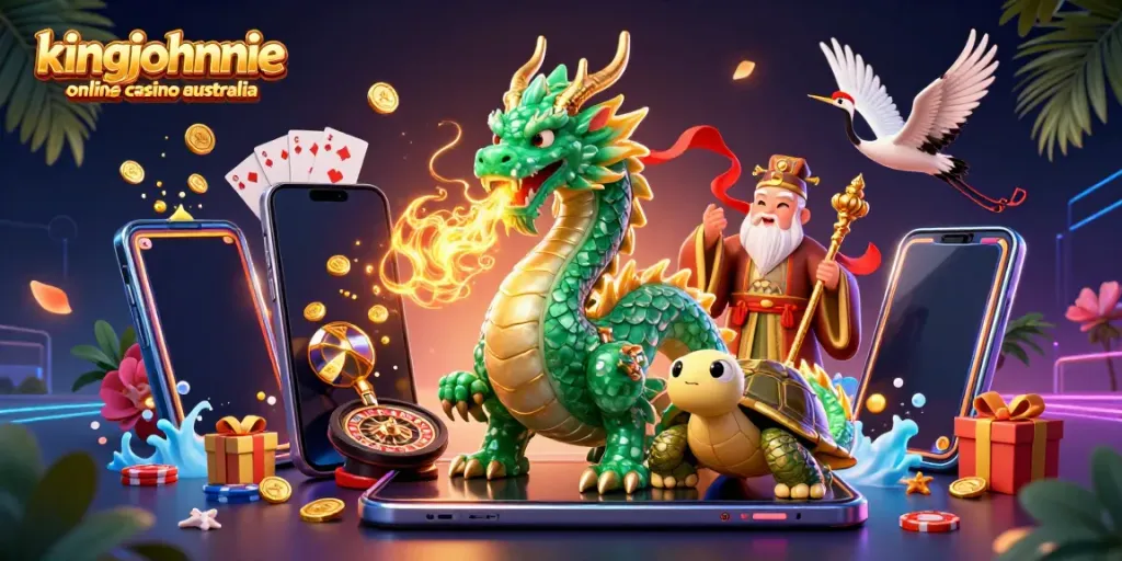 Experience the excitement of kingjohnnie online casino australia with a vibrant 3D illustration featuring mythical creatures and gaming elements.