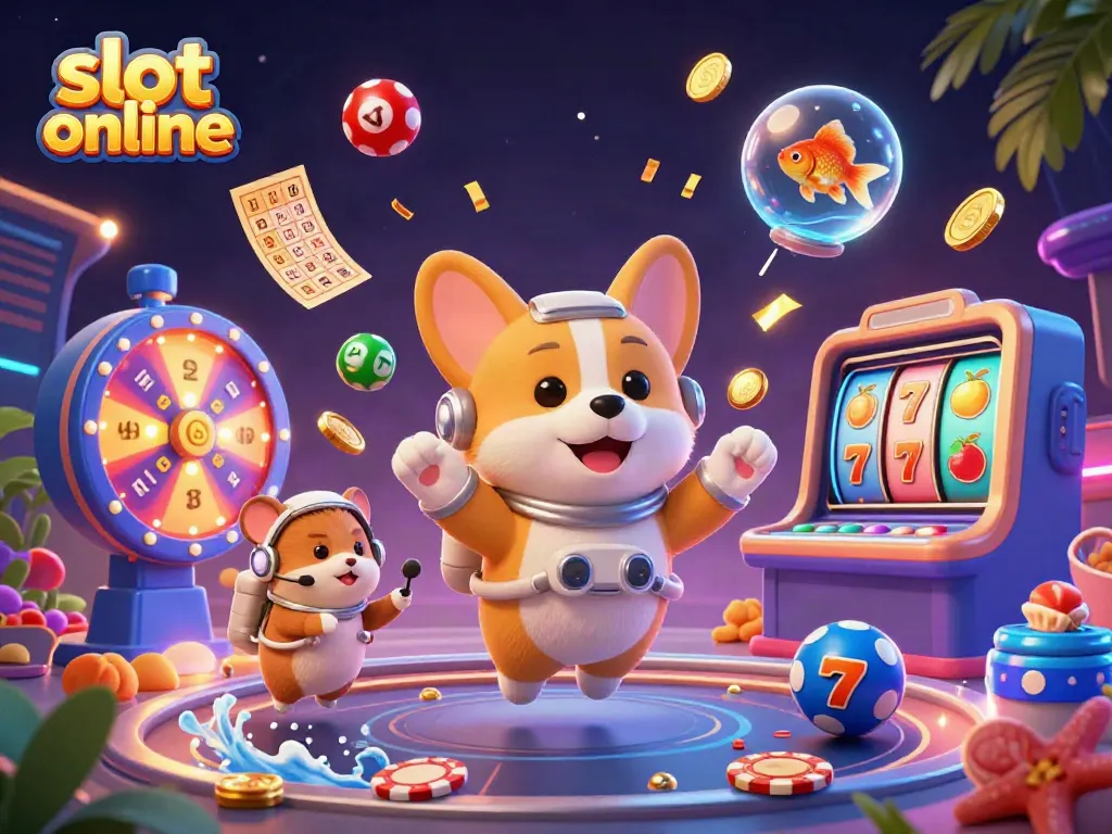 Engage with exciting slot online experiences through a vibrant 3D illustration of a corgi in a casino.