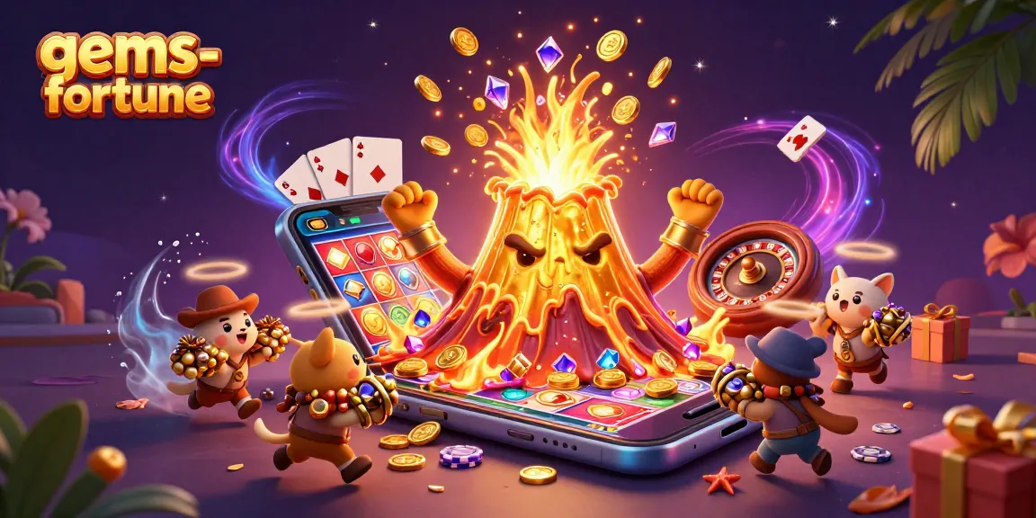 Experience the excitement of gems-fortune with a triumphant volcanic eruption of coins and treasures.