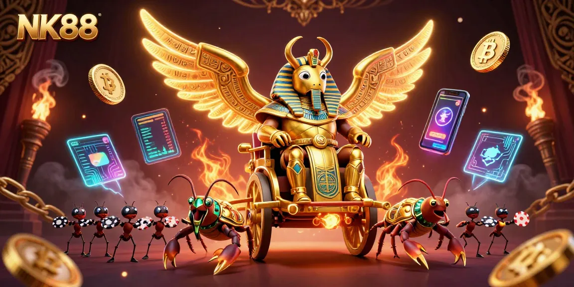 Engage with NK88 for a thrilling casino experience featuring a mythical golden beetle and crypto elements.