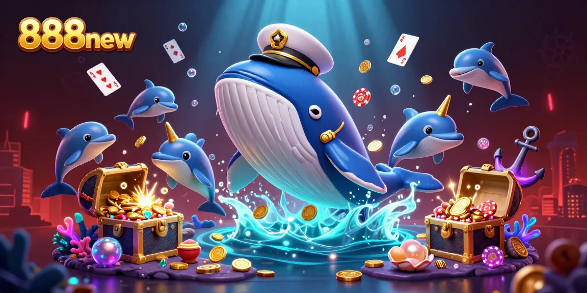 Engage in ultimate wins at 888new with a whale breaching through coins, showcasing thrilling gaming action.