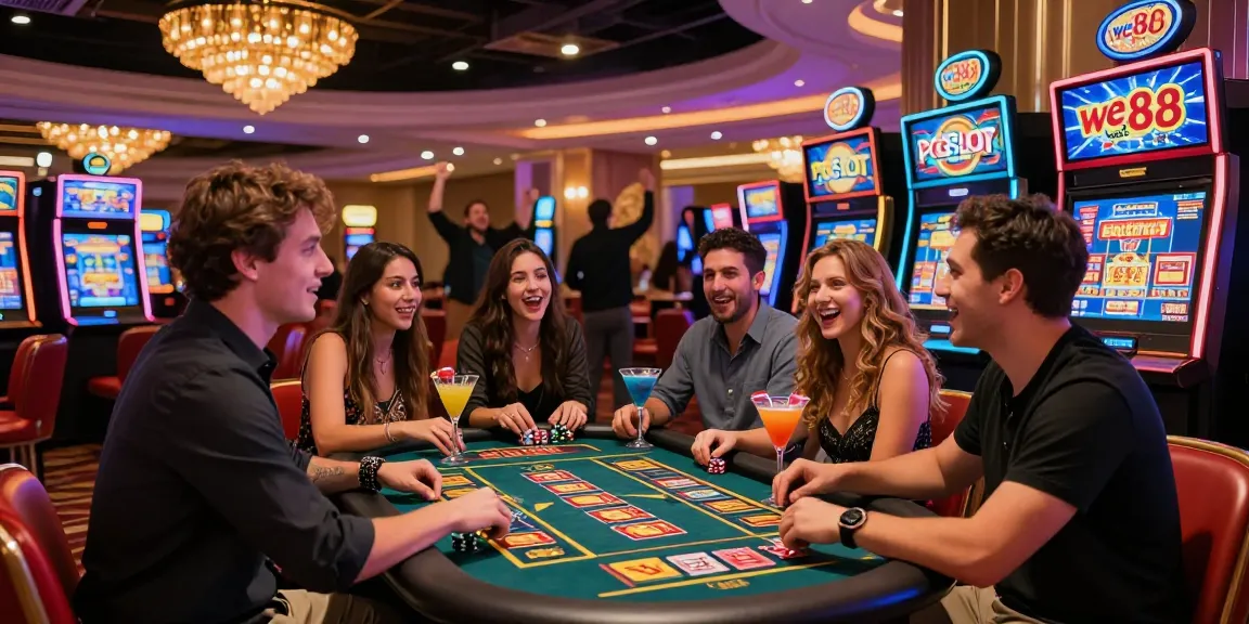 Excited friends celebrating wins at we88 PGSLOT in a vibrant casino.
