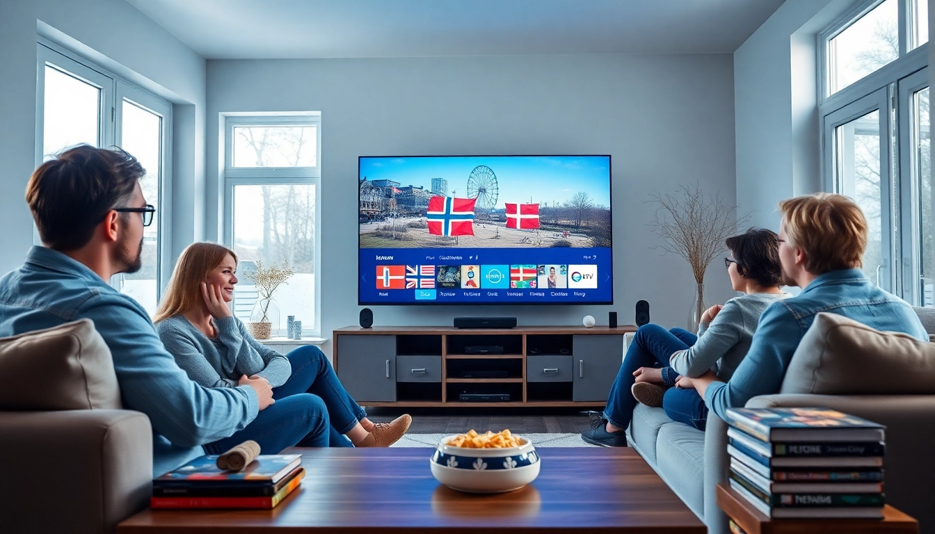 Watching IPTV Denmark channels in a cozy family setting with vibrant colors and engaging atmosphere.