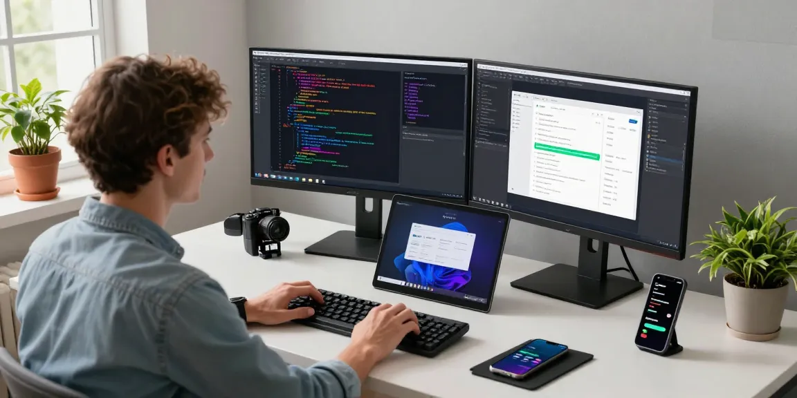 Software developer at https://www.bdtjl.app/ working on code in a modern workspace with vibrant tech gadgets and plants.