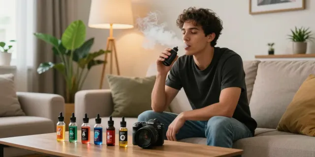 A person enjoying e-liquid vape juice in a cozy home setting.