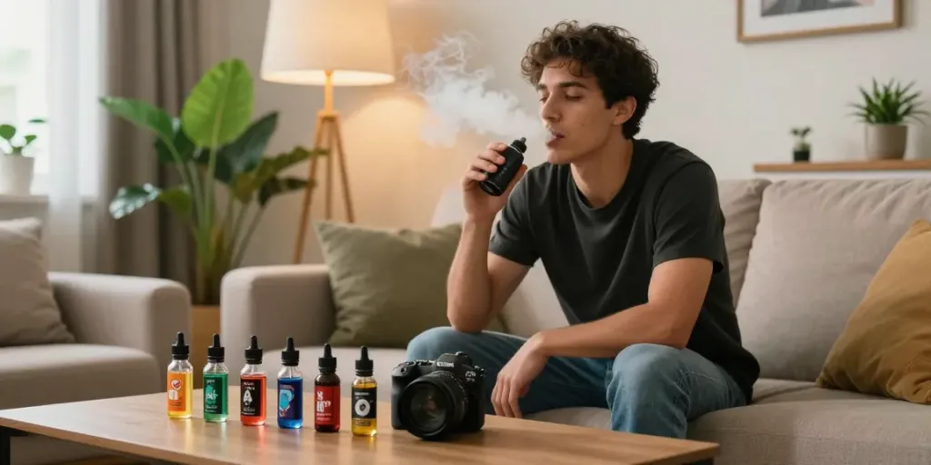 A person enjoying e-liquid vape juice in a cozy home setting.