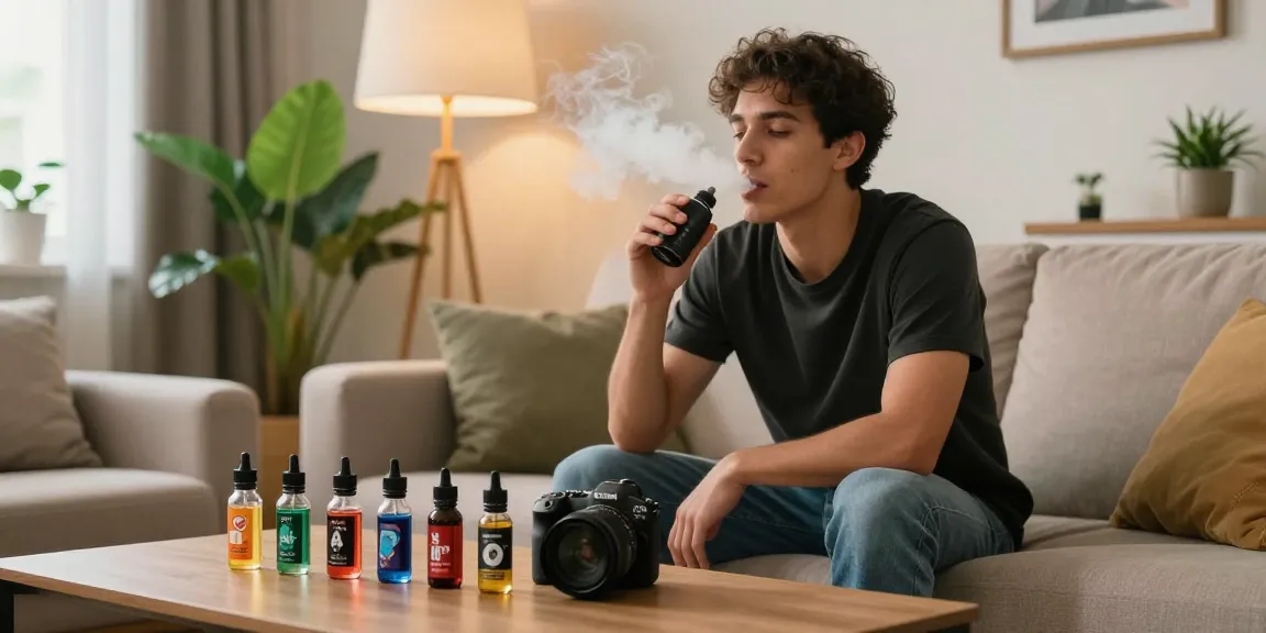 A person enjoying e-liquid vape juice in a cozy home setting.