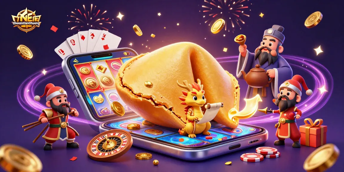 Engage with thosantienthuong as a lucky dragon unwraps treasures from a golden fortune cookie amidst exciting casino elements.