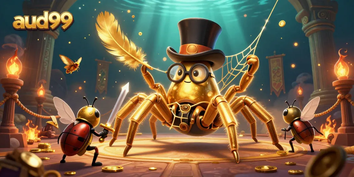Engage with aud99 adventures featuring a golden tarantula and beetle knight in a casino-themed world.