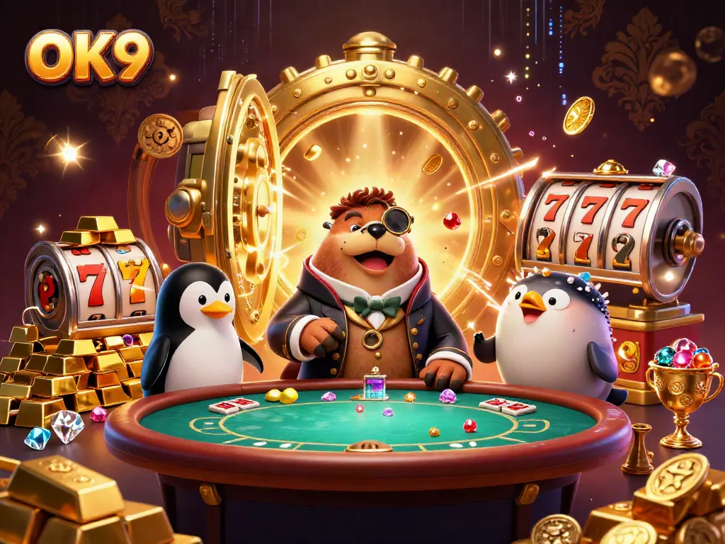 Engage with a vibrant OK9 underwater poker scene featuring a walrus, penguin dealer, and pufferfish player.