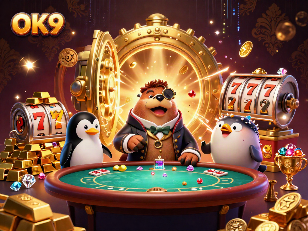 Engage with a vibrant OK9 underwater poker scene featuring a walrus, penguin dealer, and pufferfish player.