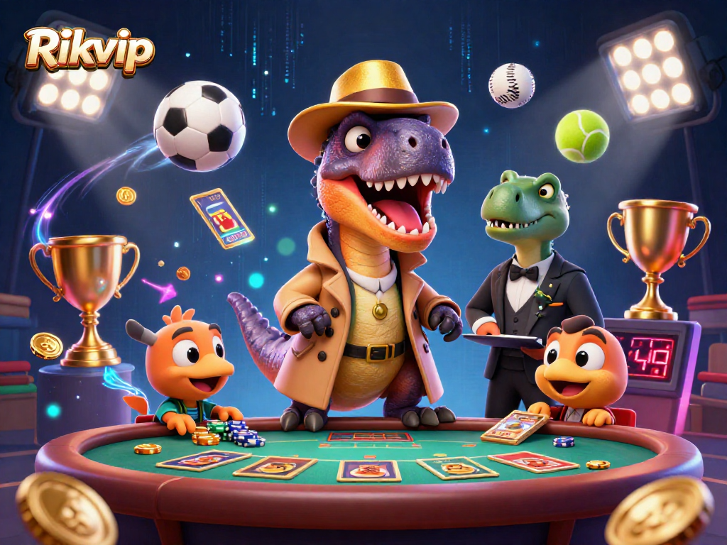 Engage in thrilling gameplay with Rikvip as a velociraptor counters cards discreetly at a lively blackjack table.
