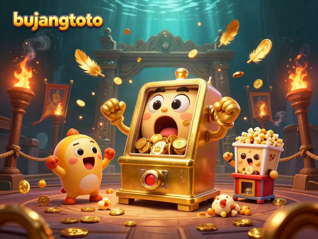 Engaging scene of bujangtoto's golden slot machine celebrating a jackpot win surrounded by cheering friends.