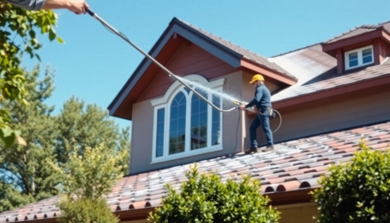 Expert roof cleaning process, showcasing a technician enhancing home aesthetics and durability.