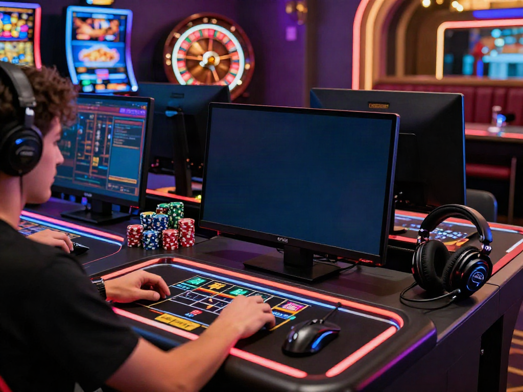 Engaged player at a modern gaming station enjoying สล็อตเว็บตรง, illuminated by dynamic lights.