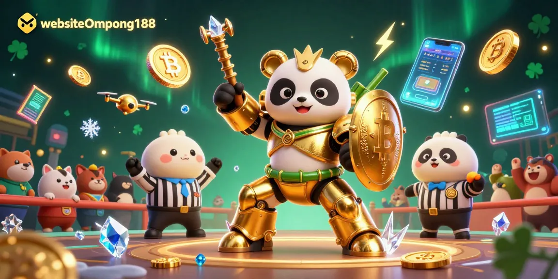 Gambarkan kasino dengan website Ompong188, panda emas dalam robot bertarung dikelilingi koin crypto.
