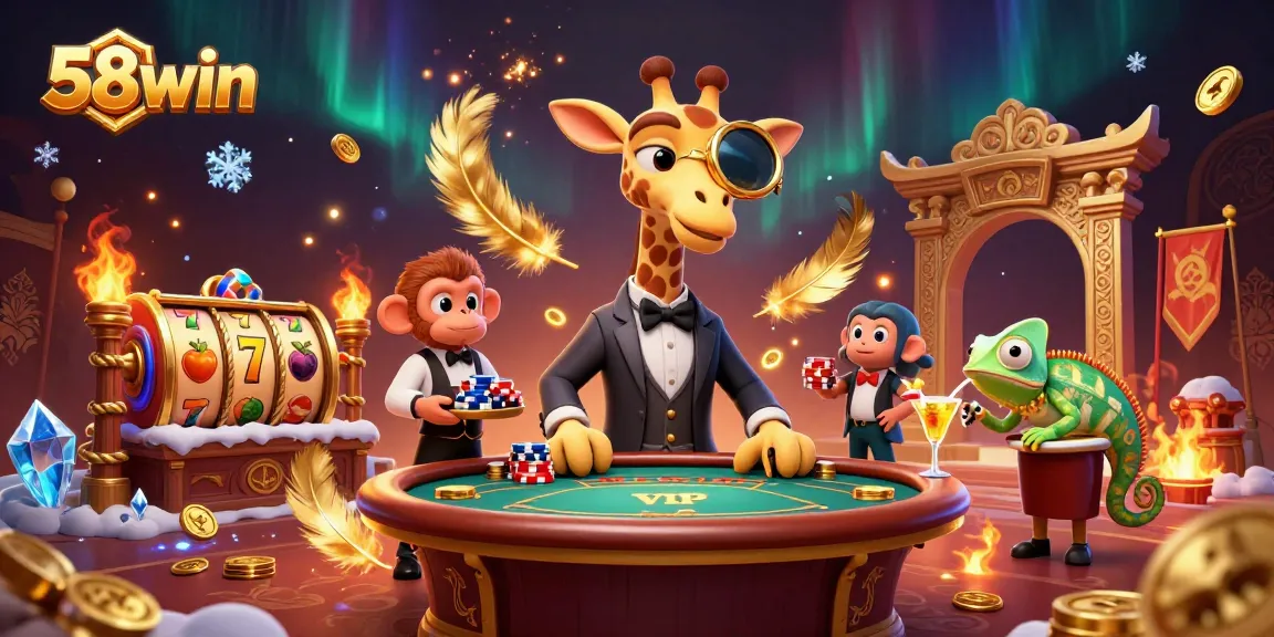 Experience the excitement of 58win with a vibrant 3D casino scene featuring a high-roller giraffe and dynamic gameplay elements.