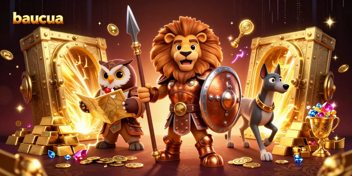 Baucua game featuring a Spartan lion and owl strategist amidst a treasure vault, dazzling jewels, and gold.
