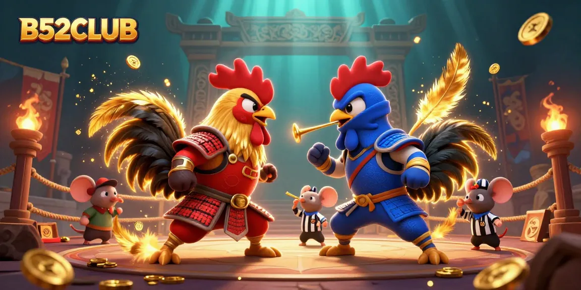 B52CLUB showcases a thrilling standoff with cartoon fighting roosters in a dynamic casino arena.