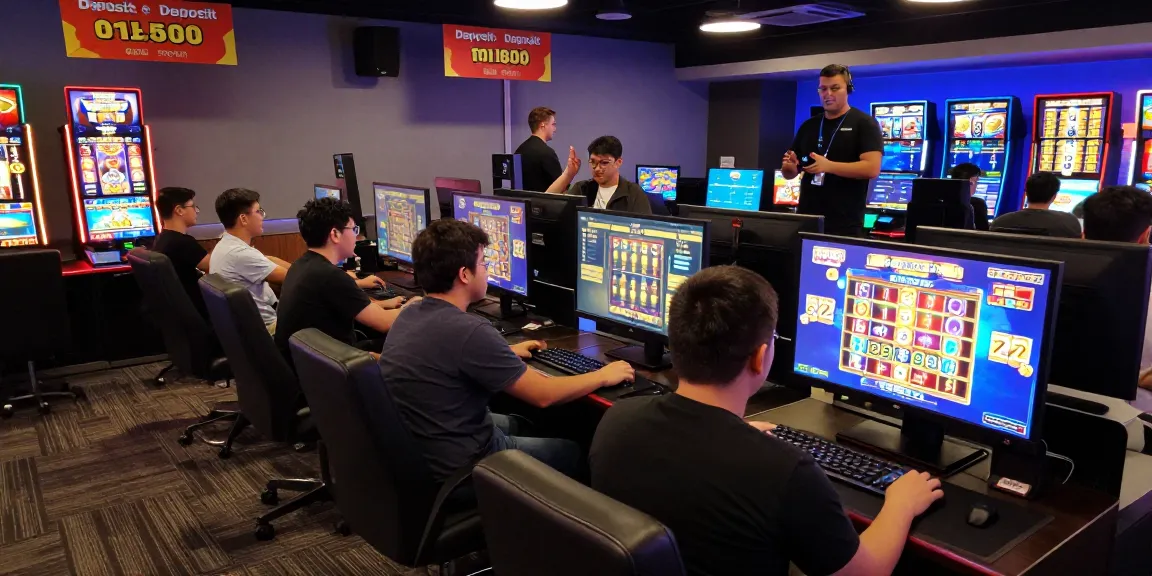 Players enjoying slot Deposit 5000 games in a vibrant gaming studio, showcasing excitement and engagement.