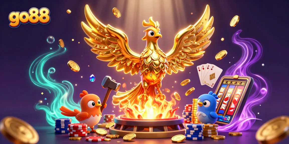 Experience thrilling wins with go88 while mystical phoenixes and golden coins swirl in a vibrant casino scene.