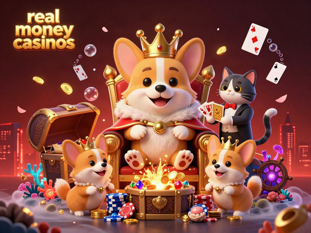 Explore real money casinos with a royal corgi on a throne surrounded by treasures and dynamic gaming elements.