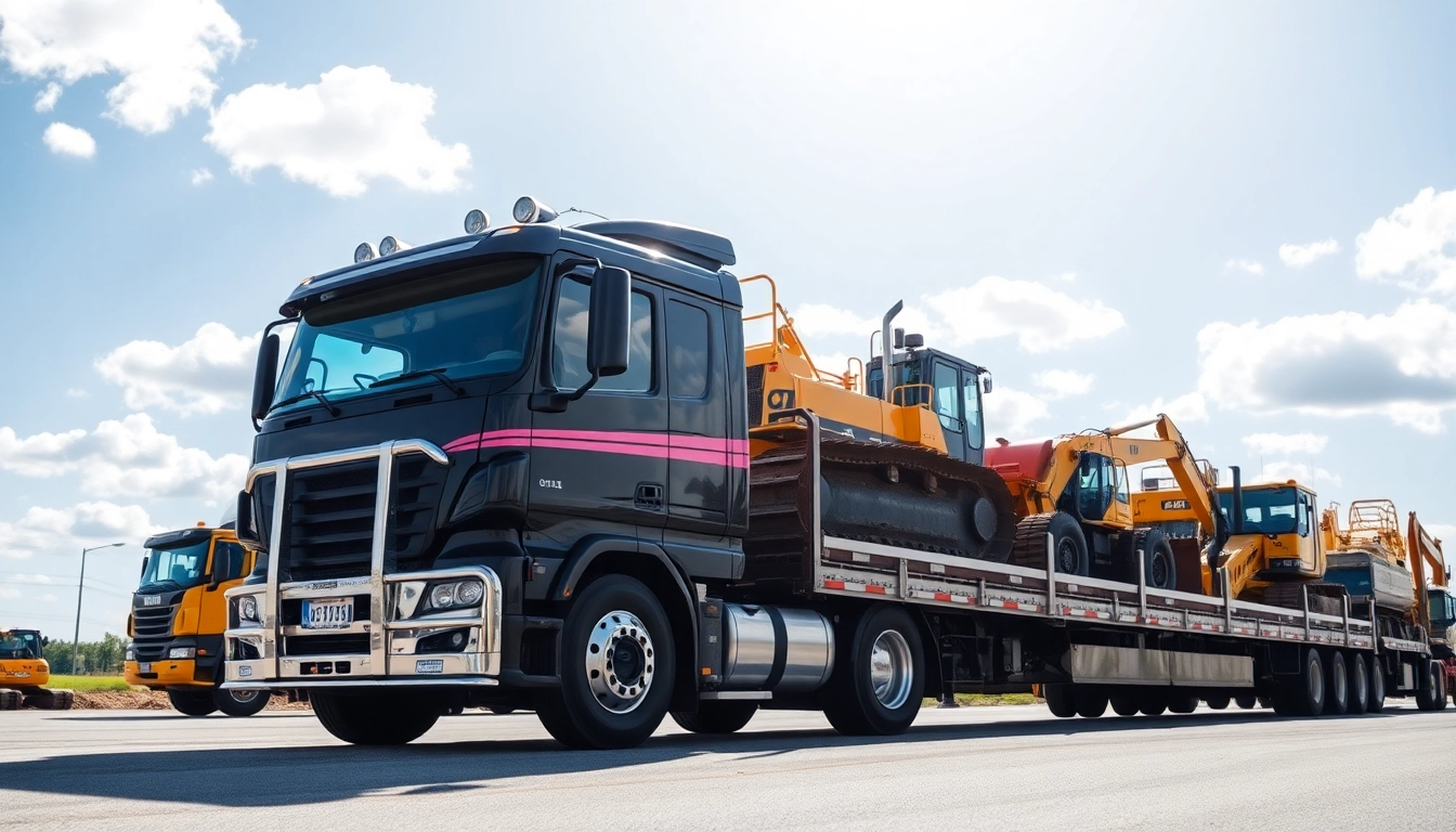 Heavy equipment hailing with a truck transporting construction machinery amidst a bright blue sky.