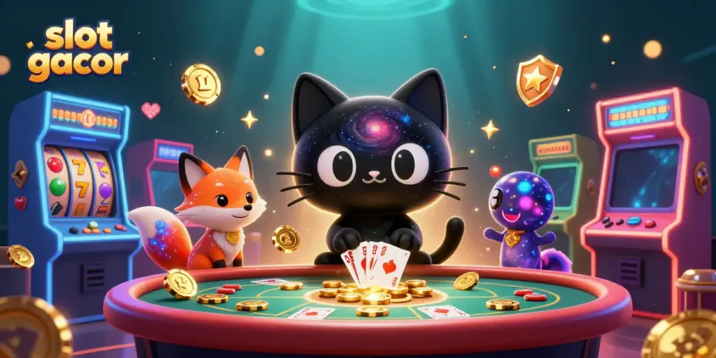 Bermain slot gacor dengan kucing hitam dan rubah nebula di kasino galaksi yang penuh warna.