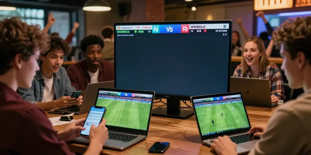 Excited fans using WWBOLA to bet on live soccer matches in a lively sports bar.