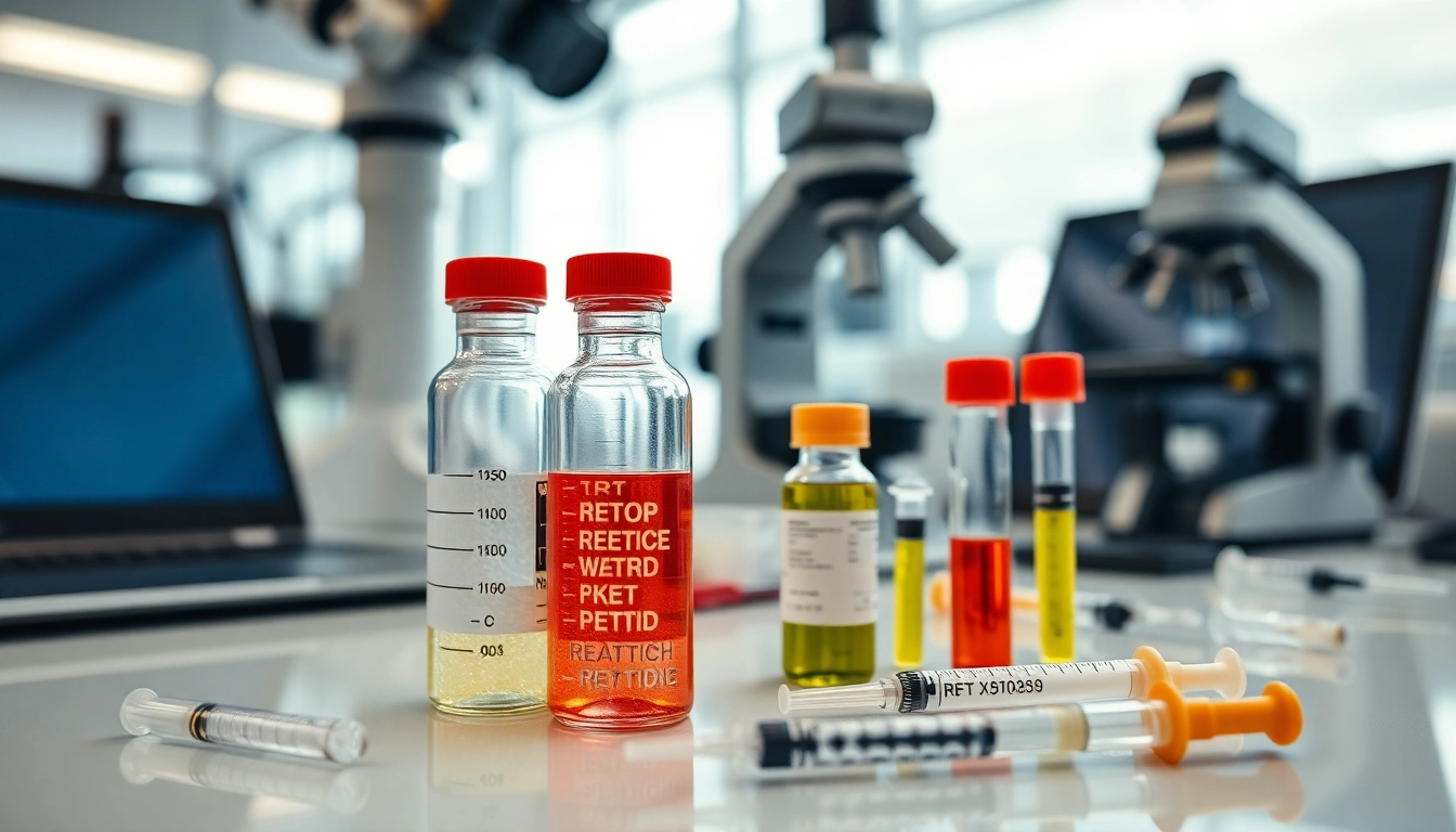 Research peptides displayed in vials, showcasing their applications in a laboratory setting.