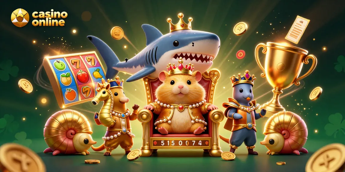 Experience a golden hamster king throne amidst dynamic casino online elements and vibrant imagery.