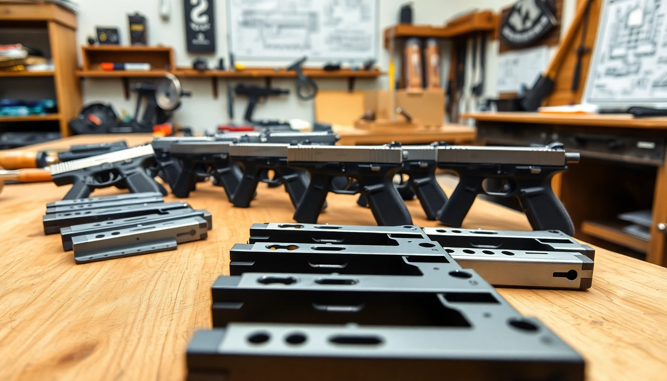Showcase of glock slides highlighting craftsmanship and precision in an industrial workshop.