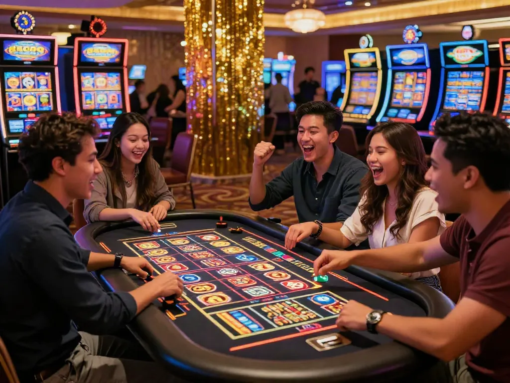 Exciting casino scene with players celebrating a slot gacor win, vibrant lights and cheering atmosphere.