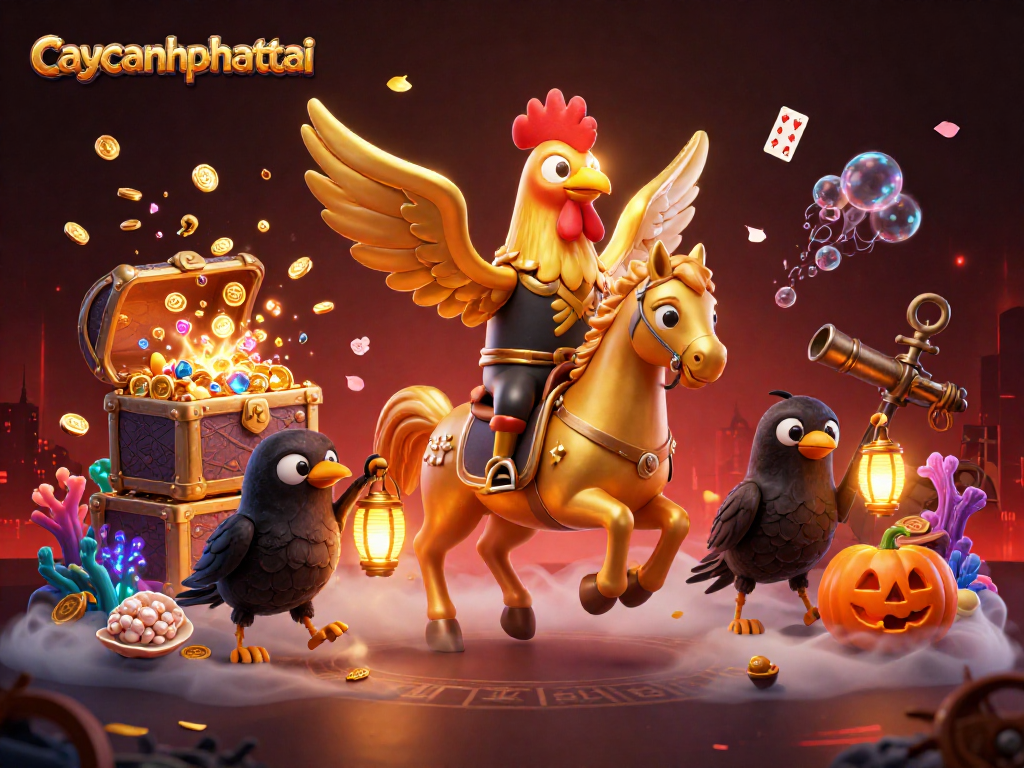 Engage in the thrilling game experience of caycanhphattai with a vibrant 3D illustration showcasing gold treasures and mystical elements.