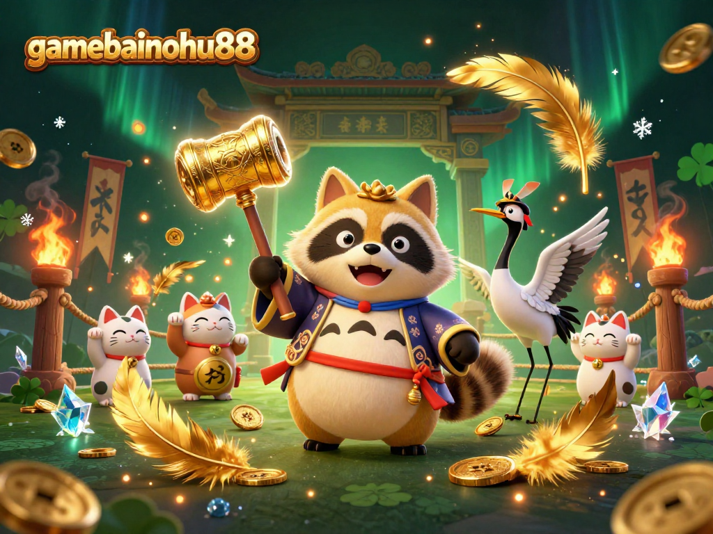 Engage in thrilling action at gamebainohu88 with a vibrant scene featuring tanuki characters and dynamic casino elements.