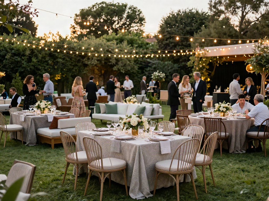 Event furniture rental displayed in an elegant outdoor banquet setting with stylish tables and lounge seating
